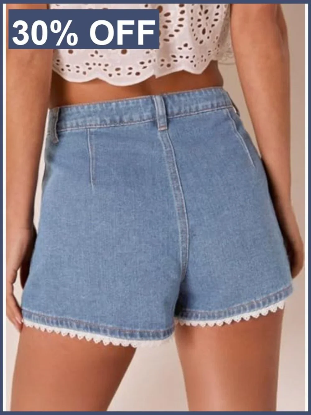 Scalloped Lace Trim High Waist Denim Shorts Pleated Wide Leg Summer